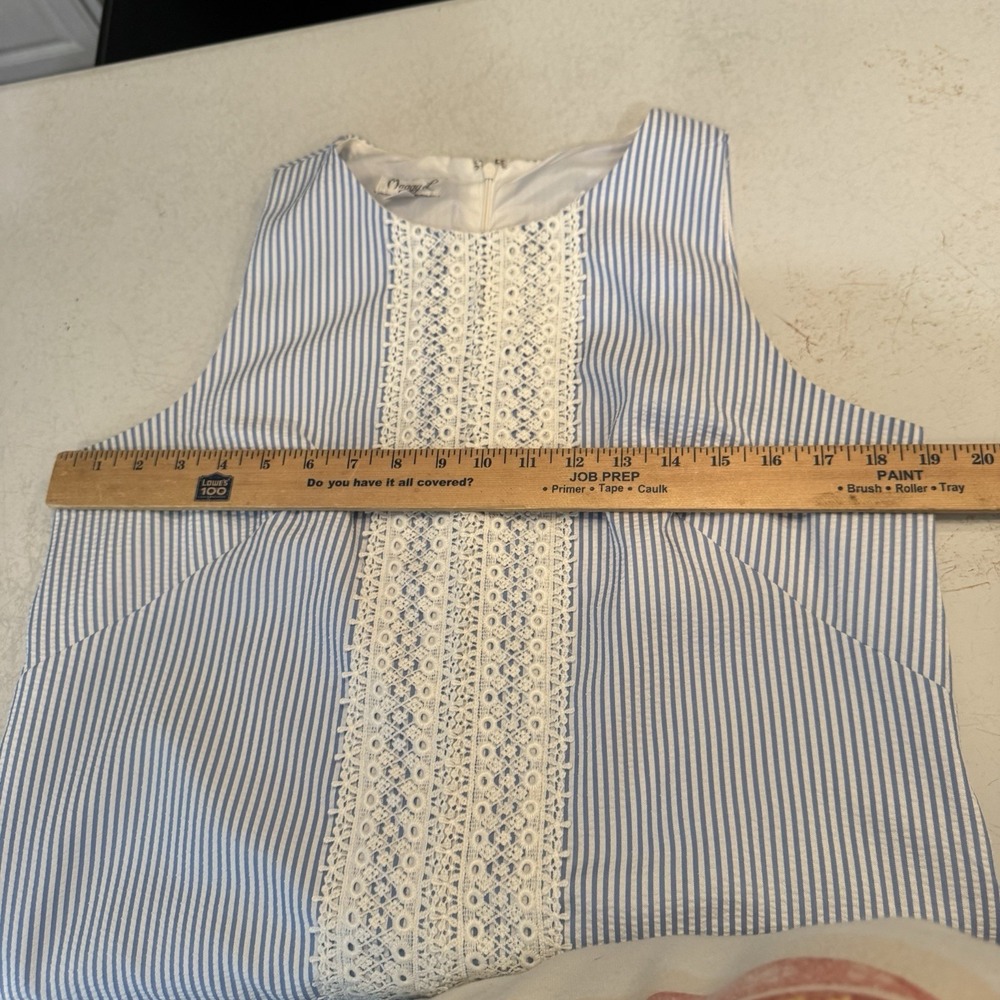 Maggy London‎ Sleeveless Blue Seersucker Shift Dress Lace Detail Size 12 Coastal - Picture 6 of 8